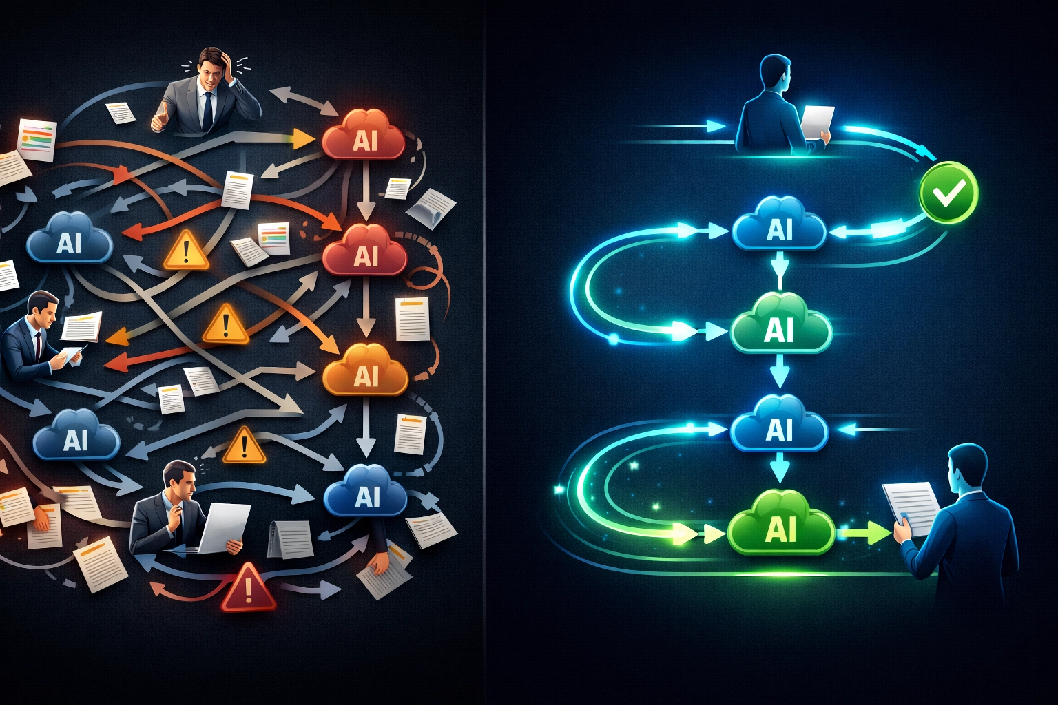 AI導入前後の業務フローを比較した図