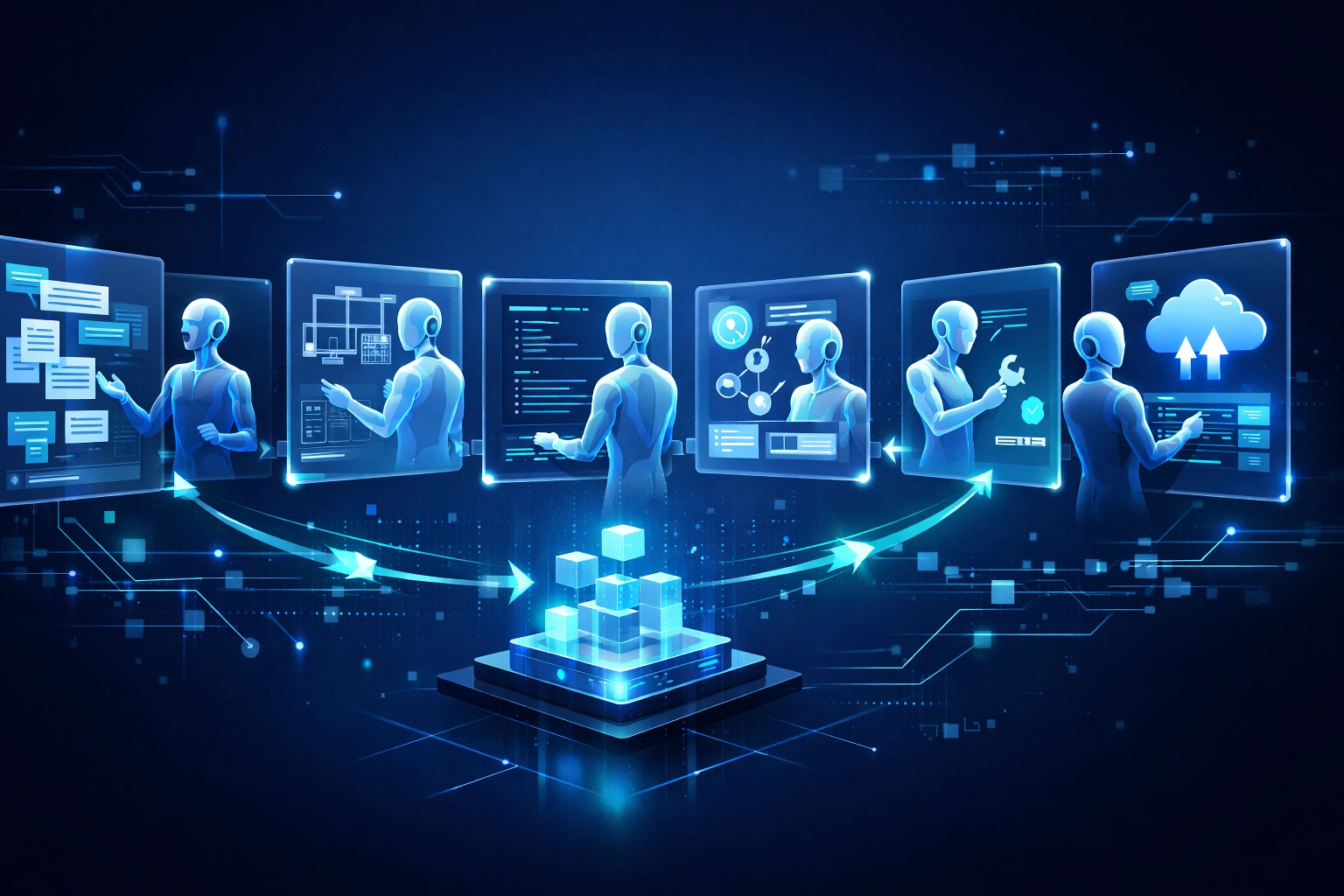 複数のAIエージェントが連携して開発フローを進めるイメージ