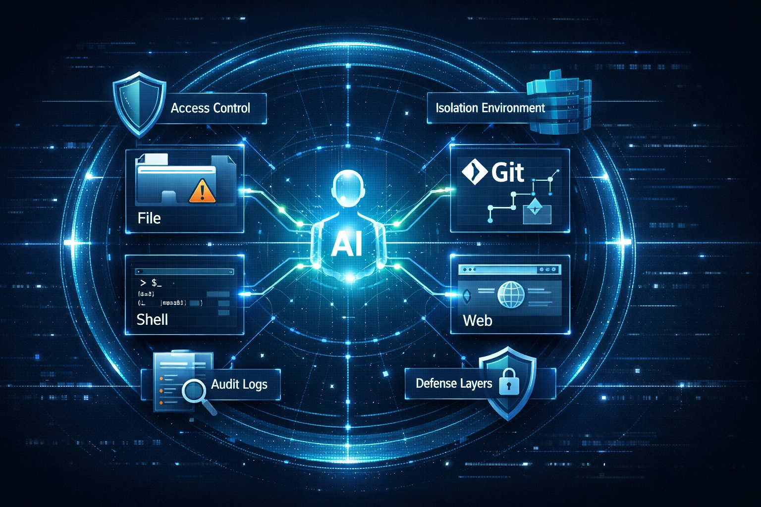 AIエージェントの権限と防御レイヤーを示すキービジュアル