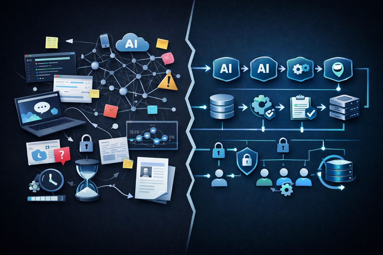 AI活用が属人化した状態と標準化された開発フローの対比図